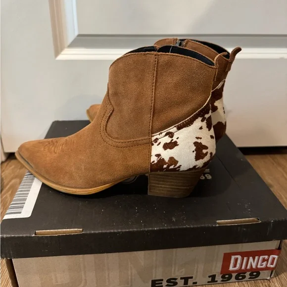 DINGO Buck The Rules Cowgirl Boot, Ankle Cow Print Comfortable Statement - Picture 3 of 6